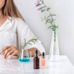 Woman working with cosmetic, laboratory, closeup. scientist,doctor, make alternative herb medicine with herbal the organic natural in the laboratory. oil capsule, natural organic skincare and cosmetic.