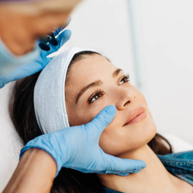 Attractive young woman is getting a rejuvenating facial injections at beauty clinic. The expert beautician is filling female wrinkles by botulinum.