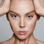 Aesthetic cosmetology, face care. Portrait of beautiful woman with lifting lines on skin